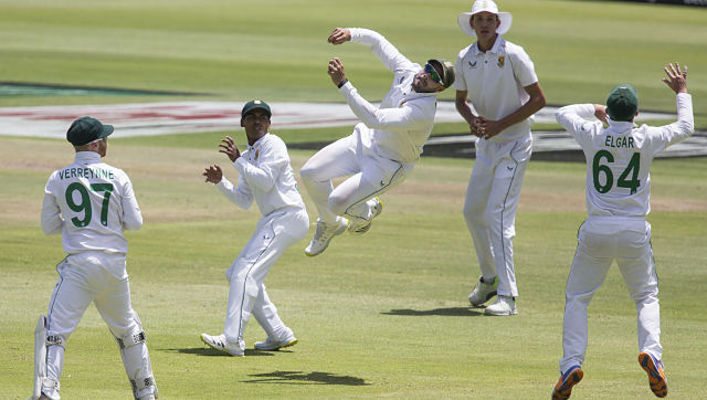 South African Aidan Markram flies through the air in an attempted catch during the third day of the third and final test match between South Africa and India in Cape Town, South Africa, Thursday, Jan. 13, 2022. (AP Photo/Halden Krog)