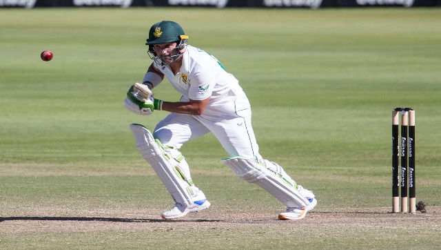 South African batsman Dean Elgar in action during the third day of the third and final test match between South Africa and India in Cape Town, South Africa, Thursday, Jan. 13, 2022. (AP Photo/Halden Krog)