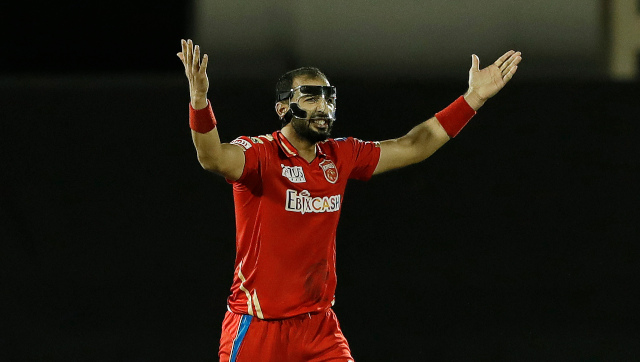 Punjab Kings seamer Rishi Dhawan, sporting the protective face mask today, appeals to the umpire. Sportzpics