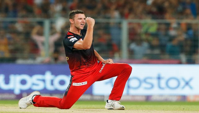 Josh Hazlewood of Royal Challengers Bangalore celebrates the wicket of KL Rahul of Lucknow Super Giants during the IPL 2022 match at the Eden Gardens Stadium in Kolkata on Wednesday. Sportzpics for IPL